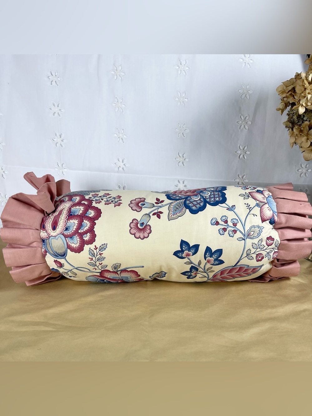 Vintage Floral Bolster Pillow Pink Ruffle Cottagecore Shabby Chic Lumbar Accent